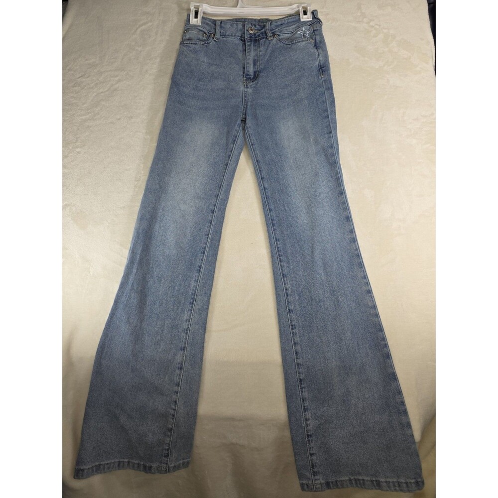 J For Justify Star Embroidered Flare Jeans Size 3 Light Wash Wide Leg Y2K Denim